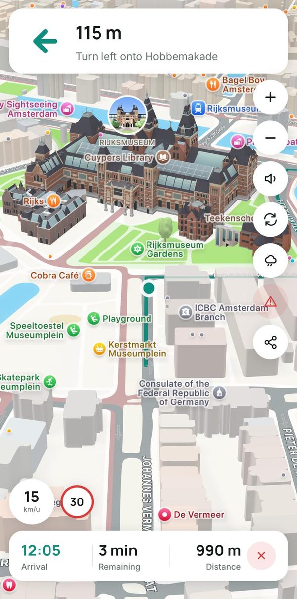 In-navigation map view with the upcoming turn and highlighted route line