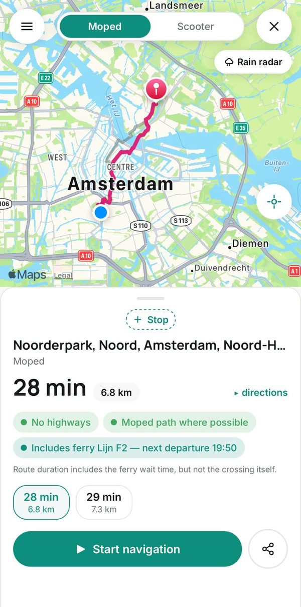 Route preview with alternatives, time/distance pills and ferry chip