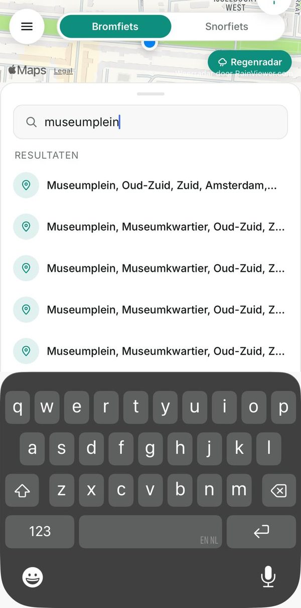 Search screen with address results and recent destinations