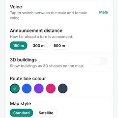 Settings screen: font size, map style and colors